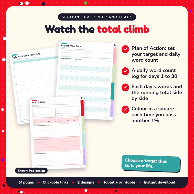 Watch the total climb: 30-Day Novel Challenge pages. Plan of Action: set your target and daily word count; A daily word count log for days 1 to 30; Each day's words and the running total side by side