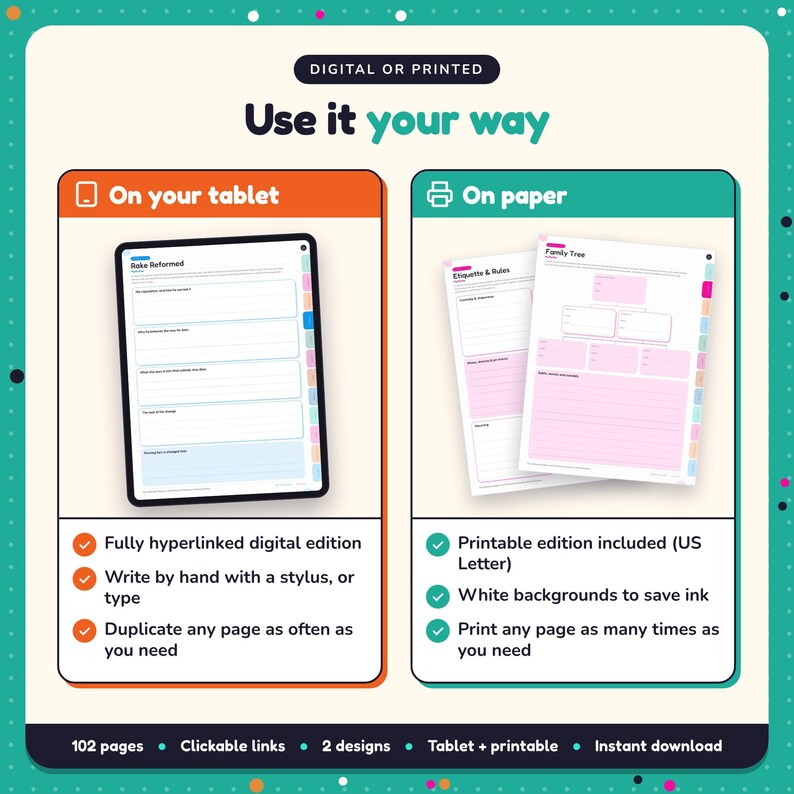 Use the Regency & Historical Romance Writing Planner on your tablet as a hyperlinked digital planner, or print the US Letter printable edition