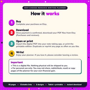 How it works: buy, download the PDF files from Etsy, open in your note-taking app or print. Digital file for personal use, nothing is shipped