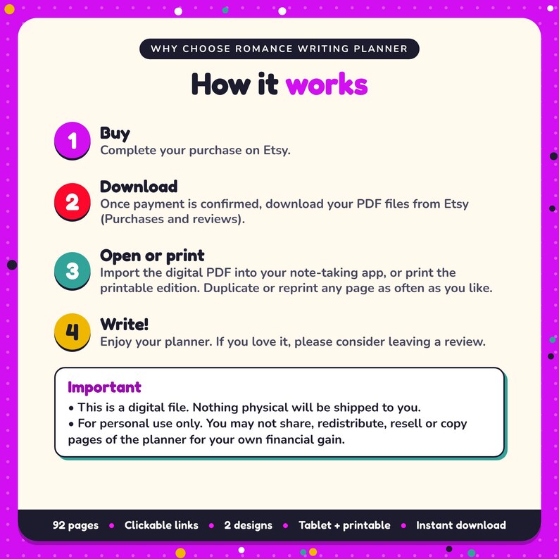 How it works: buy, download the PDF files from Etsy, open in your note-taking app or print. Digital file for personal use, nothing is shipped
