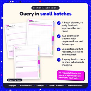 Query in small batches: Traditional Publishing Planner pages. A batch planner, so early feedback improves the next round; Two submission trackers with response times and follow-ups; Log partial and full requests, rejections and feedback