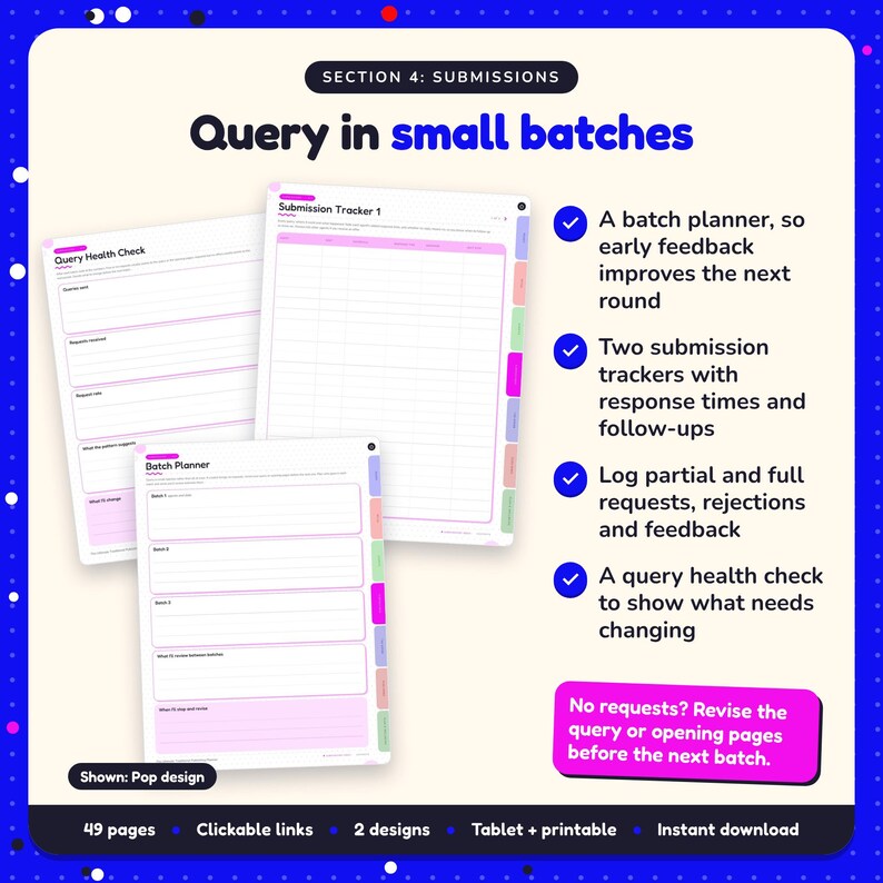 Query in small batches: Traditional Publishing Planner pages. A batch planner, so early feedback improves the next round; Two submission trackers with response times and follow-ups; Log partial and full requests, rejections and feedback