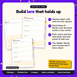 Build lore that holds up: Paranormal Romance Writing Planner pages. Species pages with room for four species; Fated Mates & Bonds: how the bond works in your world; Pack, coven and clan: who leads and who wants to take over