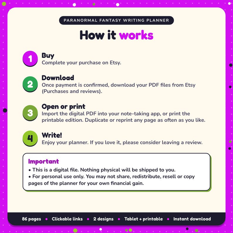 How it works: buy, download the PDF files from Etsy, open in your note-taking app or print. Digital file for personal use, nothing is shipped