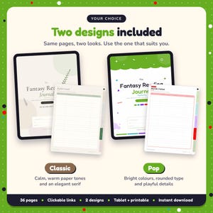 Two designs included with the Fantasy Reading Journal: Classic and Pop