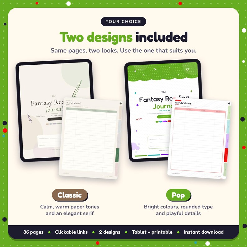 Two designs included with the Fantasy Reading Journal: Classic and Pop