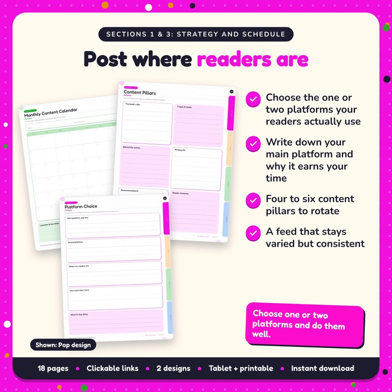 Post where readers are: Author Social Media Planner pages. Choose the one or two platforms your readers actually use; Write down your main platform and why it earns your time; Four to six content pillars to rotate