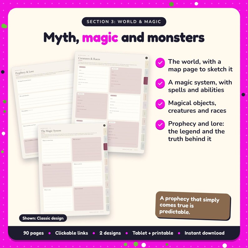 Myth, magic and monsters: Myth & Fairy-Tale Retelling Writing Planner pages. The world, with a map page to sketch it; A magic system, with spells and abilities; Magical objects, creatures and races