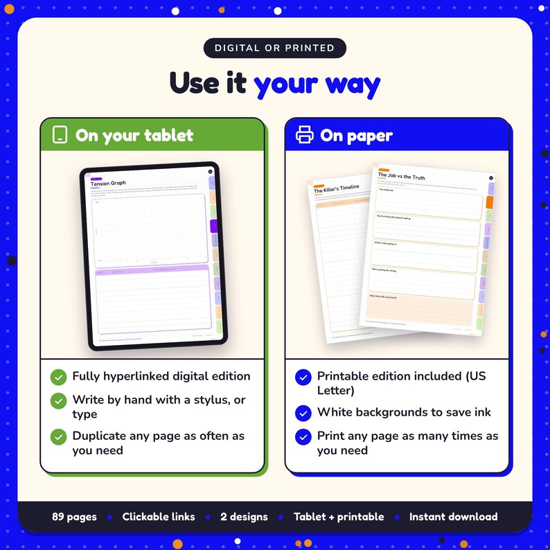 Use the Private Investigator & Noir Writing Planner on your tablet as a hyperlinked digital planner, or print the US Letter printable edition
