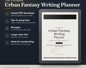 May include: A digital writing planner for e-ink tablets titled The Ultimate Urban Fantasy Writing Planner. It features 86 pages, tap-to-jump links, and large text. The template is designed for reMarkable and Kindle Scribe devices.