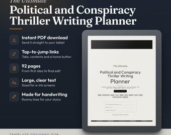 Pode incluir: Um planejador de escrita digital para tablets de tinta eletrônica intitulado The Ultimate Political and Conspiracy Thriller Writing Planner. Inclui 92 páginas, links interativos e texto grande para reMarkable e Kindle Scribe.