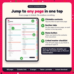 Hyperlinked contents page of the Romantic Suspense Writing Planner, with clickable contents, section tabs, home button and linked master checklist for GoodNotes and Notability