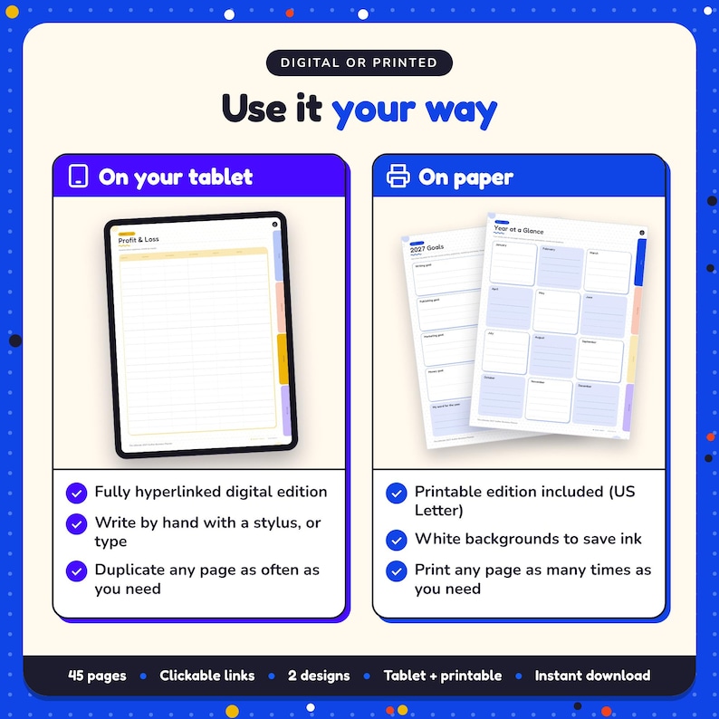 Use the 2027 Author Business Planner on your tablet as a hyperlinked digital planner, or print the US Letter printable edition