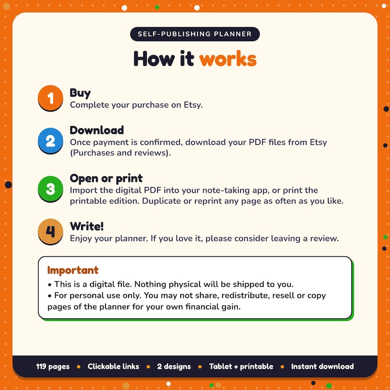 How it works: buy, download the PDF files from Etsy, open in your note-taking app or print. Digital file for personal use, nothing is shipped