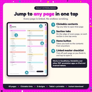 Hyperlinked contents page of the Young Adult Writing Planner, with clickable contents, section tabs, home button and linked master checklist for GoodNotes and Notability