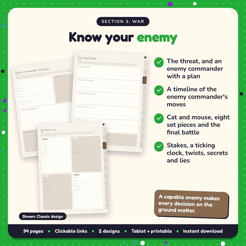 Know your enemy: Military Thriller Writing Planner pages. The threat, and an enemy commander with a plan; A timeline of the enemy commander's moves; Cat and mouse, eight set pieces and the final battle