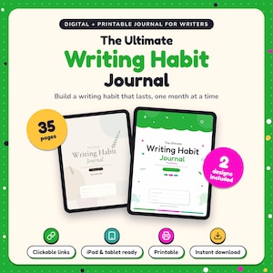 The Ultimate Writing Habit Journal shown on two tablets in Classic and Pop designs: 35 pages, clickable links, iPad and tablet ready, printable, instant download