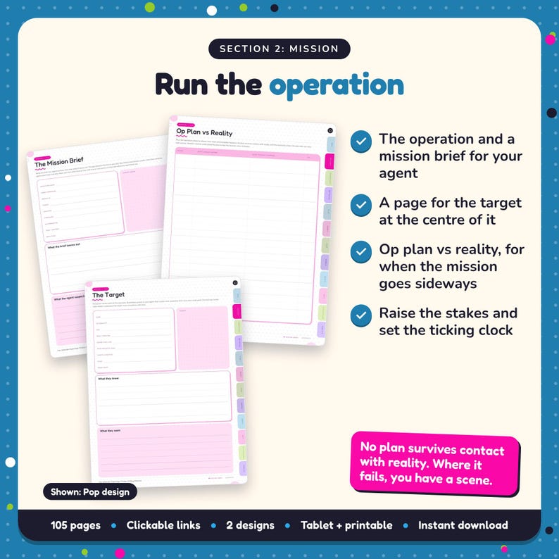Run the operation: Espionage Thriller Writing Planner pages. The operation and a mission brief for your agent; A page for the target at the centre of it; Op plan vs reality, for when the mission goes sideways