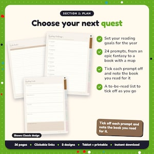 Choose your next quest: Fantasy Reading Journal pages. Set your reading goals for the year; 24 prompts, from an epic fantasy to a book with a map; Tick each prompt off and note the book you read for it