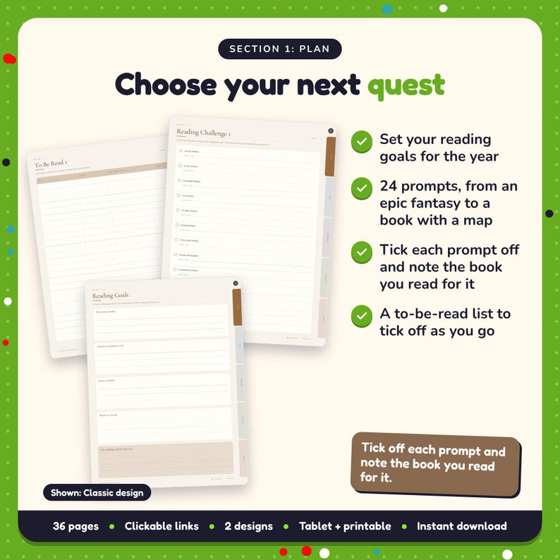 Choose your next quest: Fantasy Reading Journal pages. Set your reading goals for the year; 24 prompts, from an epic fantasy to a book with a map; Tick each prompt off and note the book you read for it