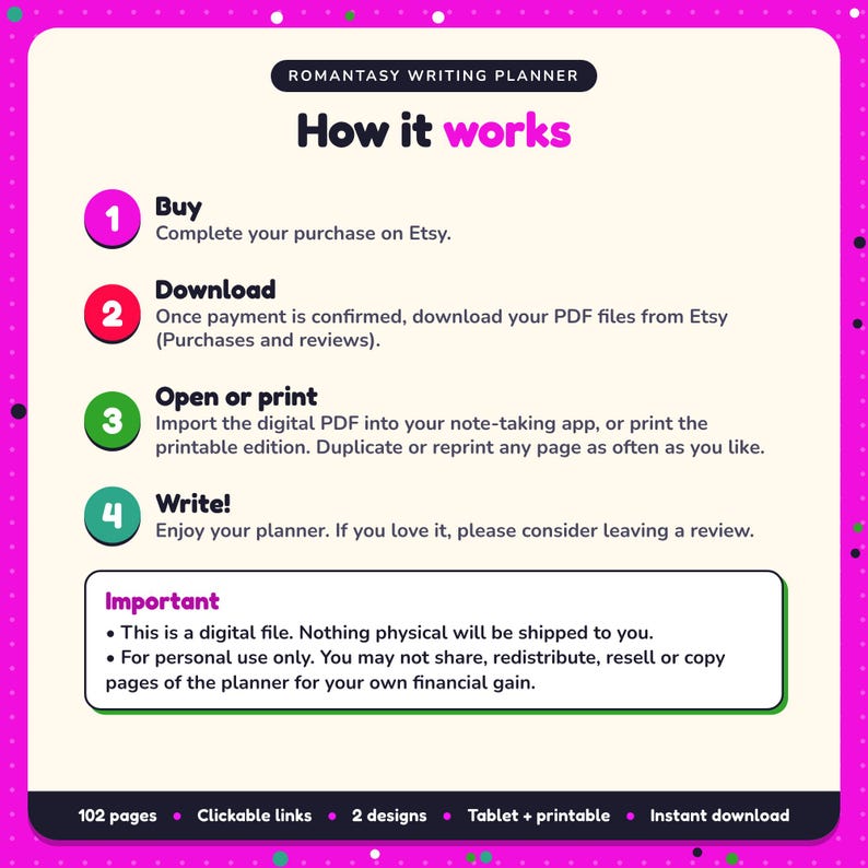 How it works: buy, download the PDF files from Etsy, open in your note-taking app or print. Digital file for personal use, nothing is shipped