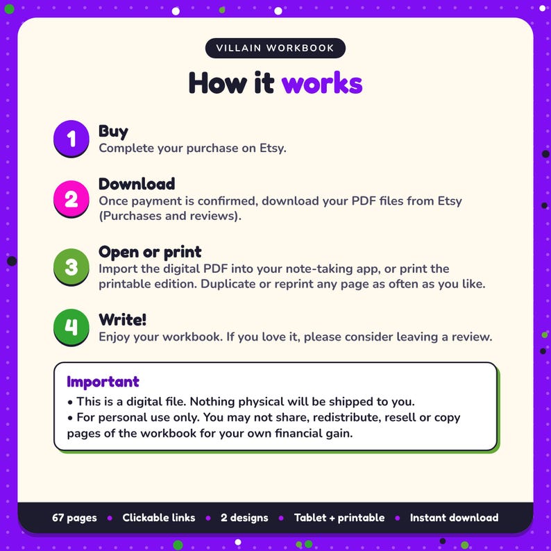 How it works: buy, download the PDF files from Etsy, open in your note-taking app or print. Digital file for personal use, nothing is shipped