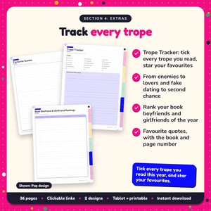 Track every trope: Romance Reading Journal pages. Trope Tracker: tick every trope you read, star your favourites; From enemies to lovers and fake dating to second chance; Rank your book boyfriends and girlfriends of the year