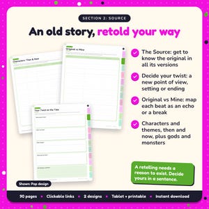 An old story, retold your way: Myth & Fairy-Tale Retelling Writing Planner pages. The Source: get to know the original in all its versions; Decide your twist: a new point of view, setting or ending; Original vs Mine: map each beat as an echo or a break