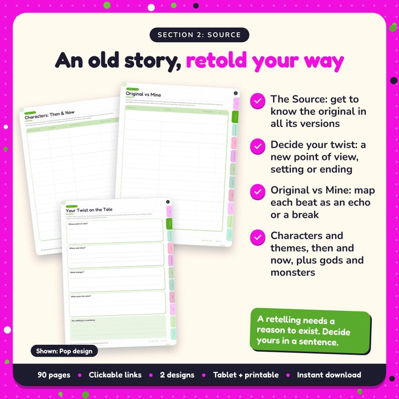 An old story, retold your way: Myth & Fairy-Tale Retelling Writing Planner pages. The Source: get to know the original in all its versions; Decide your twist: a new point of view, setting or ending; Original vs Mine: map each beat as an echo or a break