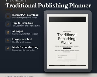 Op de afbeelding: Een digitale planner voor e-ink tablets genaamd The Ultimate Traditional Publishing Planner. De interface bevat 49 pagina's, klikbare links en grote tekst. Ontworpen voor reMarkable en Kindle Scribe apparaten op een donkere achtergrond.