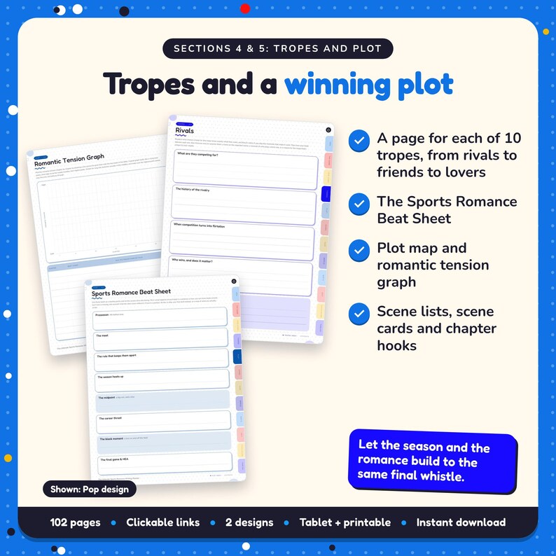 Tropes and a winning plot: Sports Romance Writing Planner pages. A page for each of 10 tropes, from rivals to friends to lovers; The Sports Romance Beat Sheet; Plot map and romantic tension graph