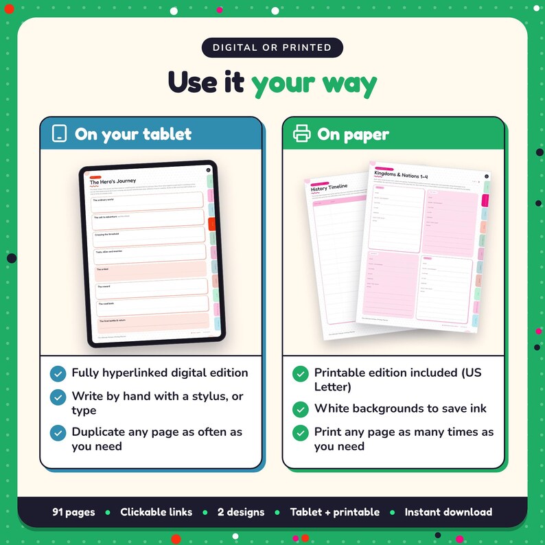 Use the Fantasy Writing Planner on your tablet as a hyperlinked digital planner, or print the US Letter printable edition