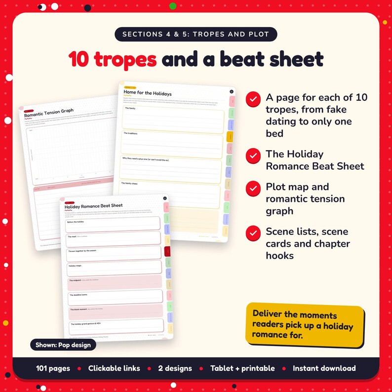 10 tropes and a beat sheet: Christmas & Holiday Romance Writing Planner pages. A page for each of 10 tropes, from fake dating to only one bed; The Holiday Romance Beat Sheet; Plot map and romantic tension graph