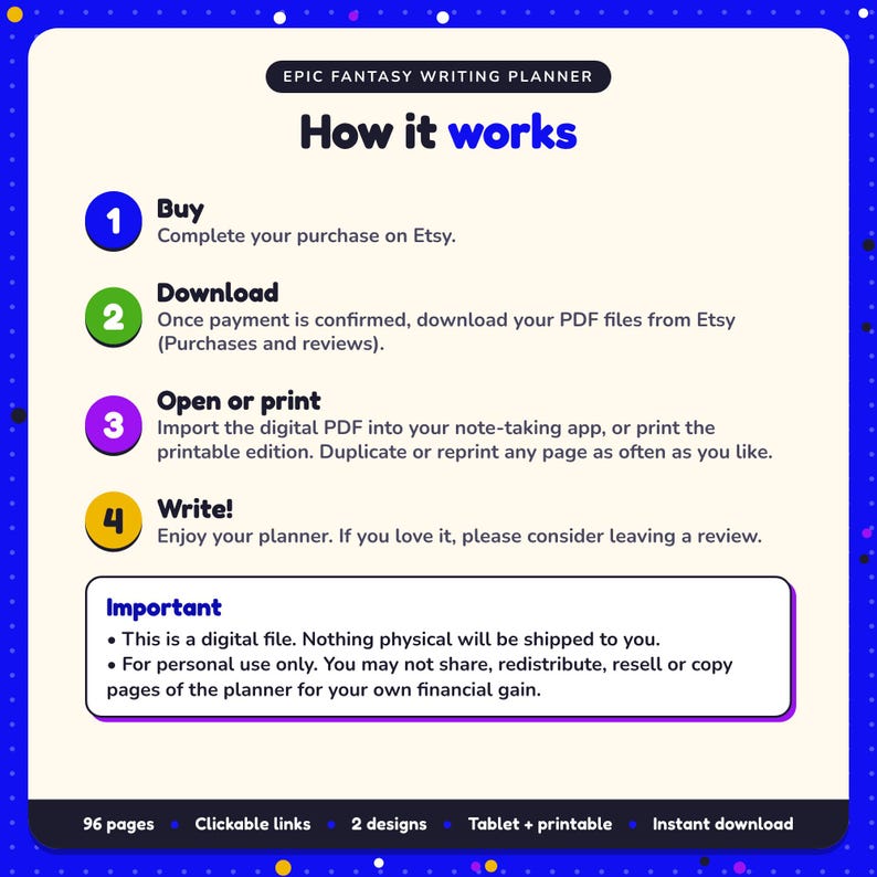 How it works: buy, download the PDF files from Etsy, open in your note-taking app or print. Digital file for personal use, nothing is shipped