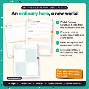 An ordinary hero, a new world: Portal Fantasy Writing Planner pages. Portal Fantasy Structure beats, from the ordinary world on; Plot map, stakes graph, scene lists and scene cards; Hero, antagonist and companion profiles