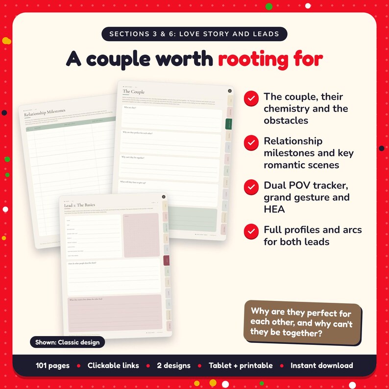 A couple worth rooting for: Christmas & Holiday Romance Writing Planner pages. The couple, their chemistry and the obstacles; Relationship milestones and key romantic scenes; Dual POV tracker, grand gesture and HEA