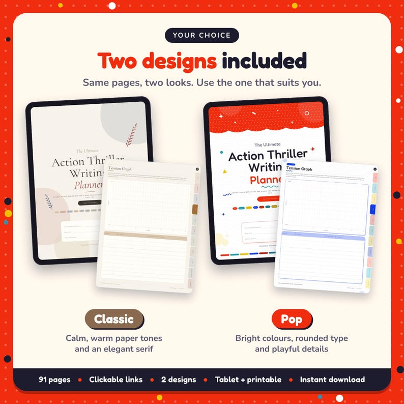 Two designs included with the Action Thriller Writing Planner: Classic and Pop