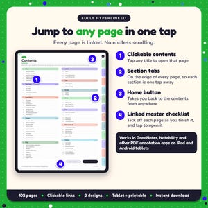 Hyperlinked contents page of the Small Town Romance Writing Planner, with clickable contents, section tabs, home button and linked master checklist for GoodNotes and Notability