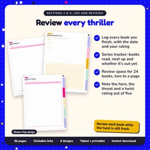 Review every thriller: Thriller Reading Journal pages. Log every book you finish, with the date and your rating; Series tracker: books read, next up and whether it's out yet; Review space for 24 books, two to a page
