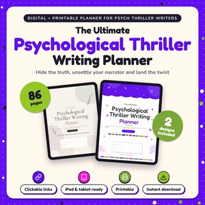 The Ultimate Psychological Thriller Writing Planner shown on two tablets in Classic and Pop designs: 86 pages, clickable links, iPad and tablet ready, printable, instant download