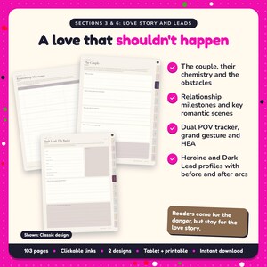 A love that shouldn't happen: Dark Romance Writing Planner pages. The couple, their chemistry and the obstacles; Relationship milestones and key romantic scenes; Dual POV tracker, grand gesture and HEA