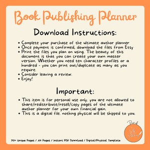Puede incluir: Un planificador de publicaci&oacute;n de libros imprimible con instrucciones para descargar y usar el planificador. El texto en la p&aacute;gina dice "Book Publishing Planner", "Download Instructions" e "Important".