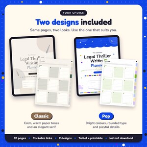 Two designs included with the Legal Thriller Writing Planner: Classic and Pop