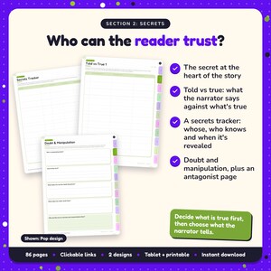 Who can the reader trust?: Psychological Thriller Writing Planner pages. The secret at the heart of the story; Told vs true: what the narrator says against what's true; A secrets tracker: whose, who knows and when it's revealed