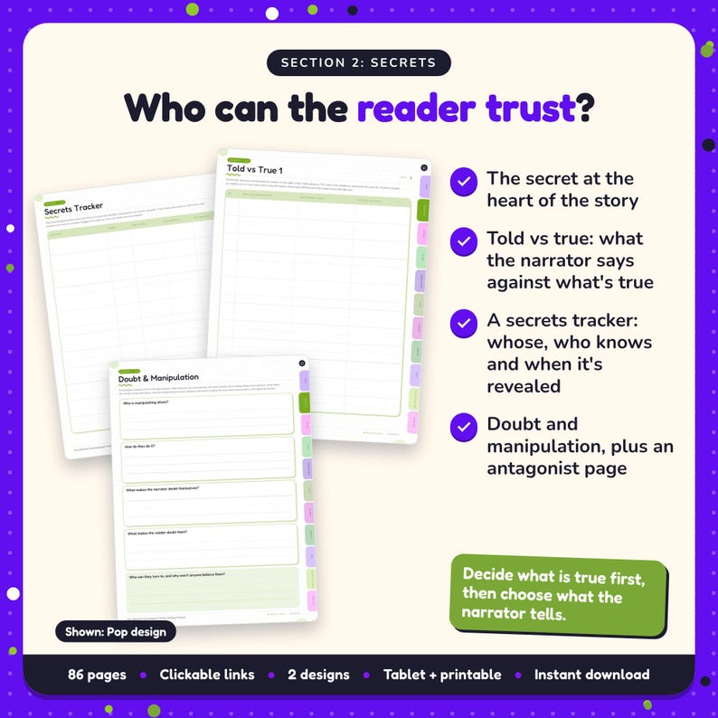 Who can the reader trust?: Psychological Thriller Writing Planner pages. The secret at the heart of the story; Told vs true: what the narrator says against what's true; A secrets tracker: whose, who knows and when it's revealed