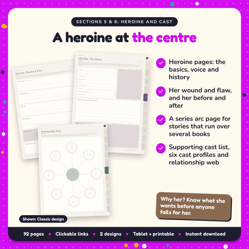 A heroine at the centre: Why Choose Romance Writing Planner pages. Heroine pages: the basics, voice and history; Her wound and flaw, and her before and after; A series arc page for stories that run over several books