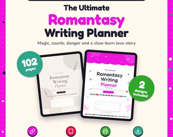May include: Digital and printable planner for romance writers titled The Ultimate Romantasy Writing Planner. Features 102 pages, 2 designs, clickable links, and is tablet ready. Text includes Magic, courts, danger and a slow-burn love story.