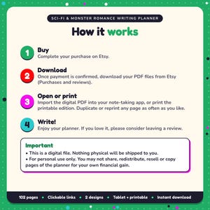 How it works: buy, download the PDF files from Etsy, open in your note-taking app or print. Digital file for personal use, nothing is shipped