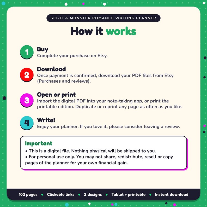 How it works: buy, download the PDF files from Etsy, open in your note-taking app or print. Digital file for personal use, nothing is shipped