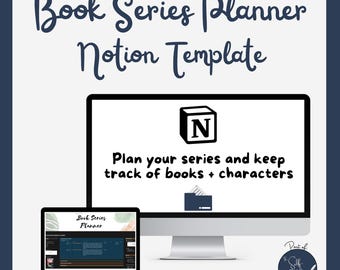 Może przedstawiać: Ekran komputera wyświetlający szablon Notion do planowania serii książek. Na ekranie widnieje tekst "Plan your series and keep track of books + characters". Ekran ma białe tło z czarno-białą ikoną logo Notion. W lewym dolnym rogu obrazu widoczny jest laptop wyświetlający stronę Notion zatytułowaną "Book Series Planner".